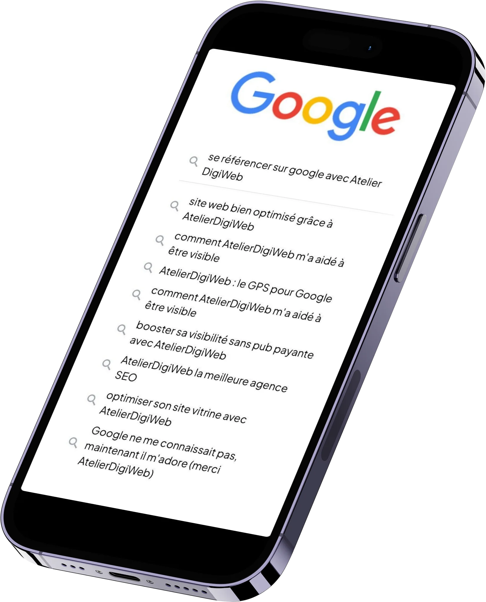 recherches google comment se référencer sur google avec AtelierDigiWeb mockup smartphone